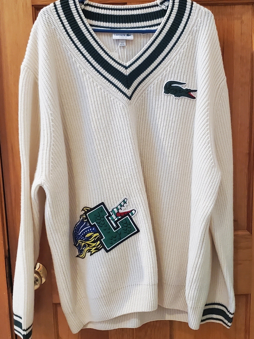 Vintage Style Lacoste V-Neck Sweater with Green Trim and Logo Patches